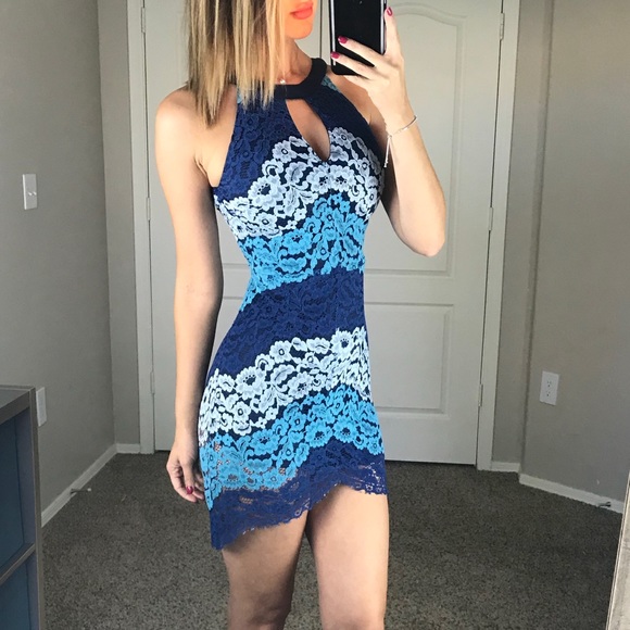 -Anthropologie Blue Lace Color Block Dress- - Picture 2 of 5